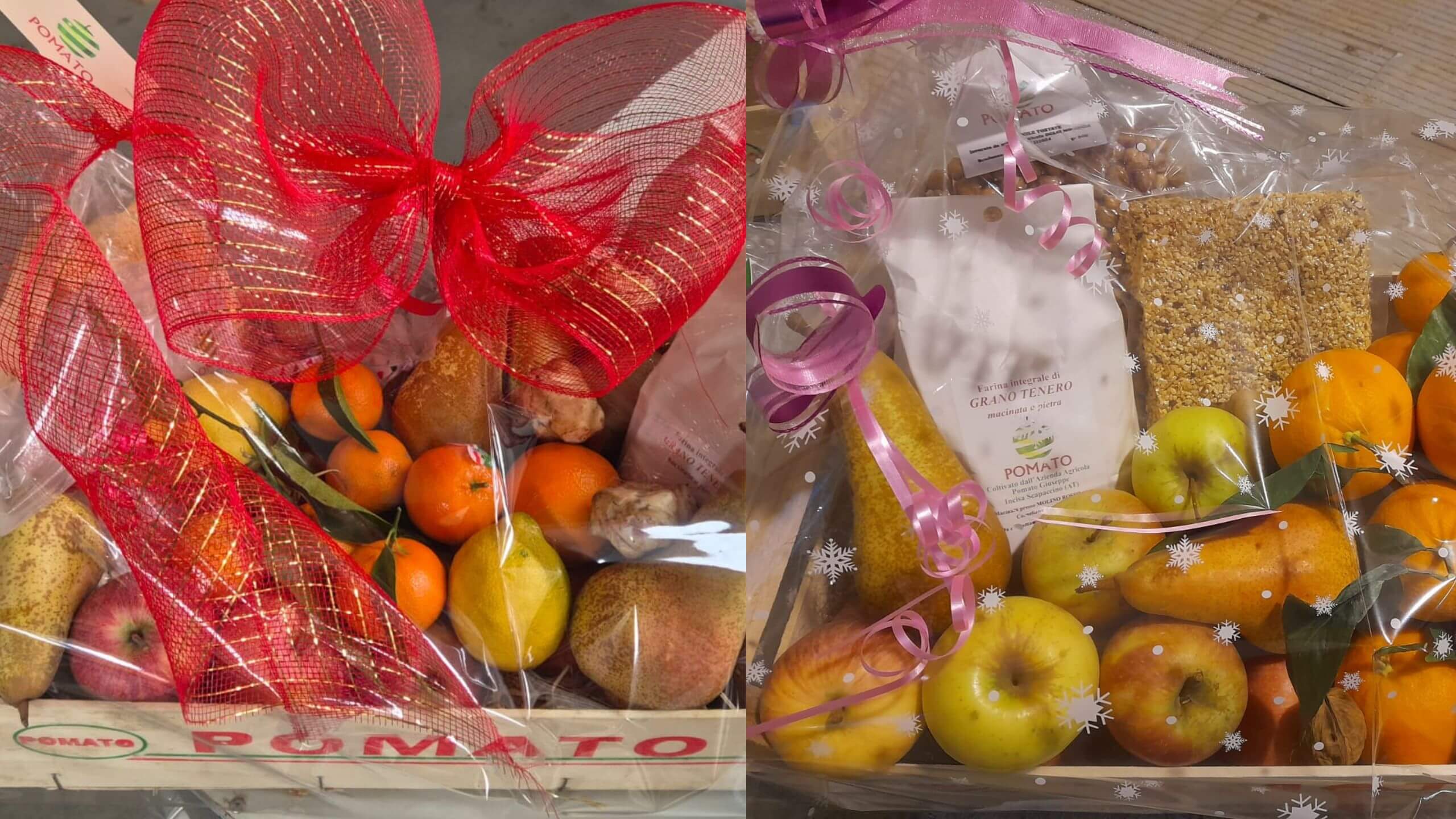 cesto natalizio con frutta, verdura e confezionati di farina